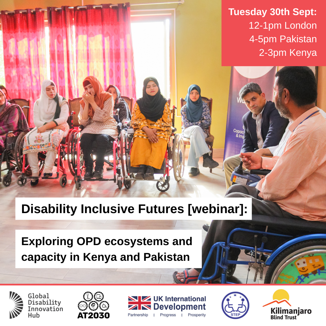 A man in a cap and glasses smiles while holding a document. Text on the image promotes the “Disability Inclusive Futures [webinar],” exploring OPD ecosystems and capacity in Kenya and Pakistan. Cover Image