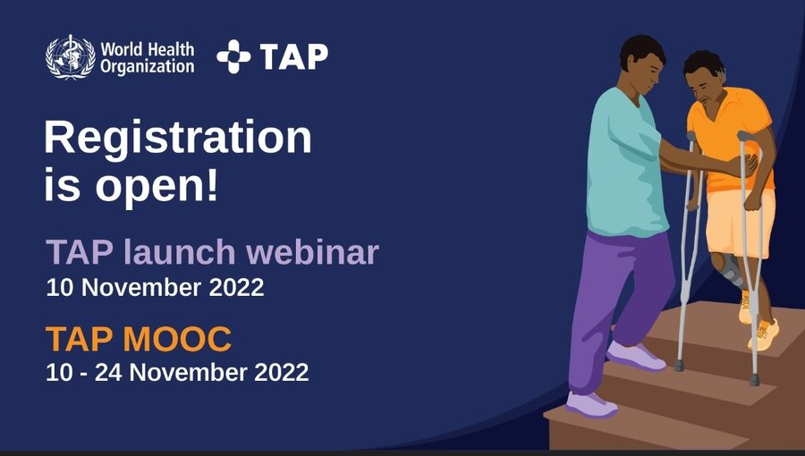 WHO text graphic: Registration is open TAP launch webinar 10 November 2022
TAP MOOC 10-24 November Cover Image