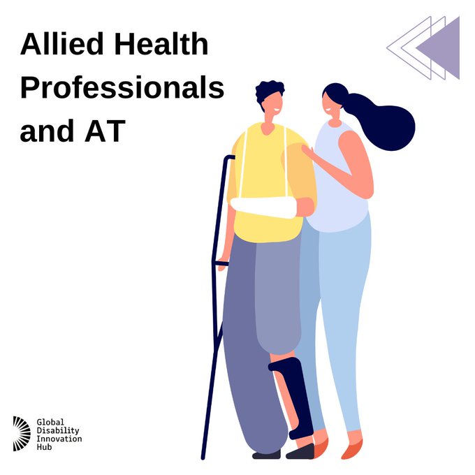 Graphic text Allied Health Professionals and AT. Two people stand side by side. One person is using a crutch and is wearing an orthotic, the other person is offering support by their side Cover Image