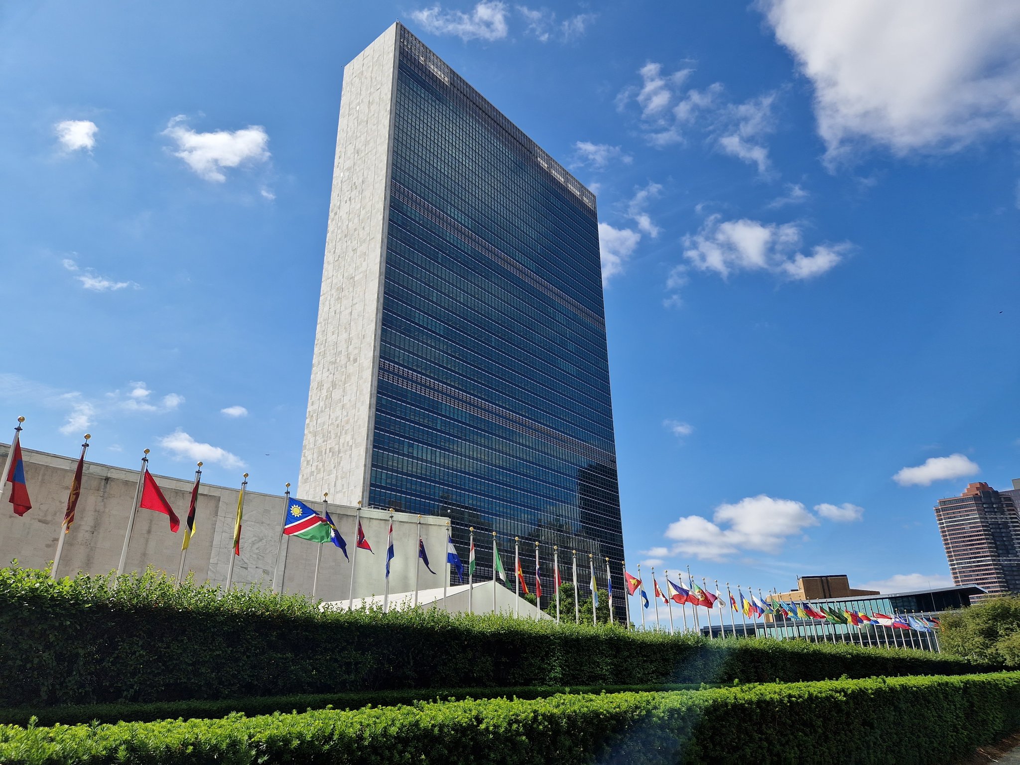 Image of UN building from the outside, with flags in foreground and blue sky. Cover Image
