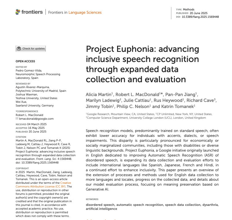 Project Euphonia: advancing inclusive speech recognition through expanded data collection and evaluation cover page Cover Image