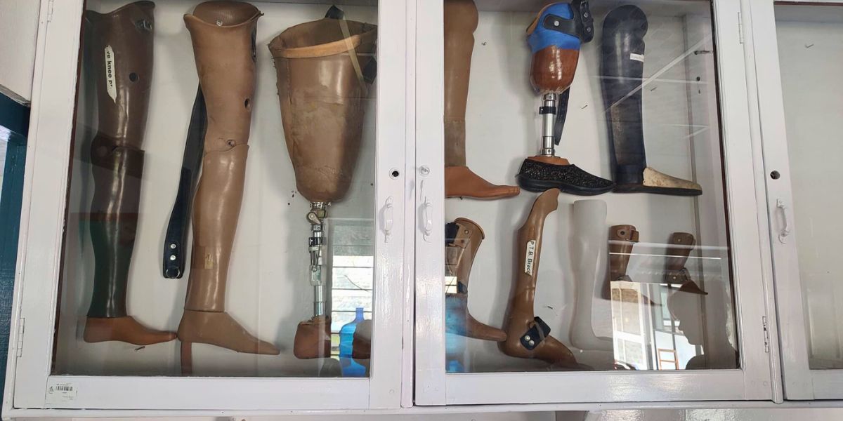 A glass case filled with prosthetic lower limbs