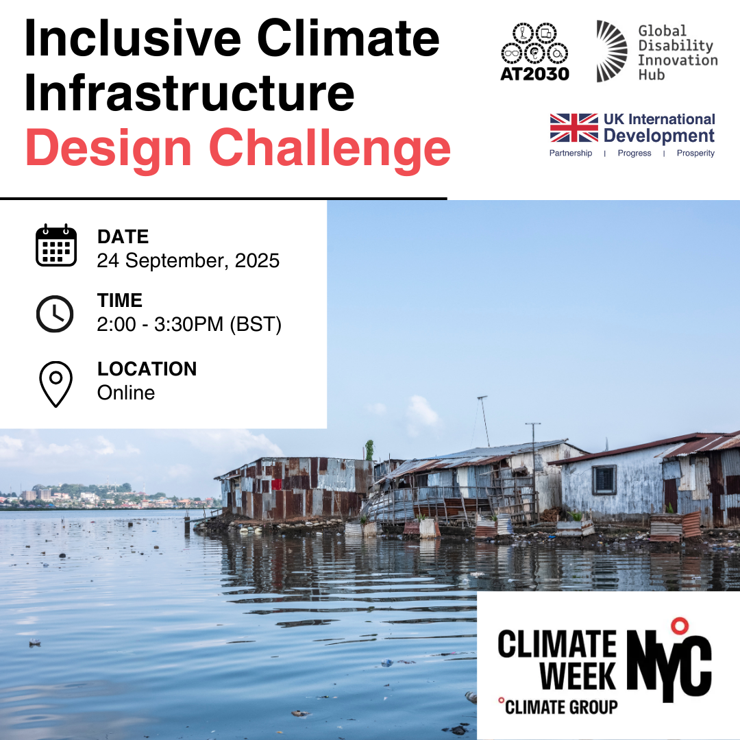 Inclusive Climate Infrastructure Design challenge. 24 sept 2025, 2-3.30pm, online. With image of floating community