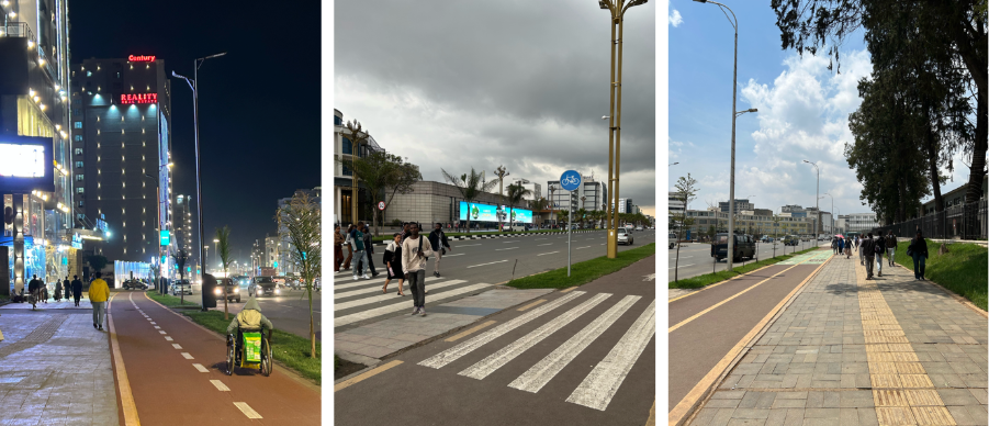 Left image: As part of the Corridor Project, a separate, broad bicycle lane is provided, which is often used by persons with disabilities to navigate the pedestrian environment comfortably and easily. Middle image: Zebra crossing without a level difference for getting on to the pavement makes the travel journey for persons with disabilities obstacle-free. Right image: The pedestrian environment in the Corridor Project area has now been fitted with tactile way guidance to enable easy and safe access for persons with visual impairments.