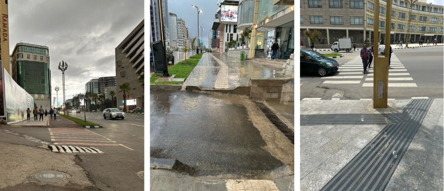 Left image: The street crossings are not always accessible, with curb ramps provided only on one side of the street. Middle image: While the intention has been to provide curb ramps at all crossings in the Corridor Project area, the image highlights gaps in the implementation of the design guidelines, including poorly designed curb ramps. Right image: Incorrect laying of the tactile way guidance system, highlighting the design implementation gaps in the Corridor Project