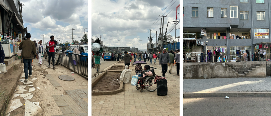 Left image: Poor maintenance of the pavement and the tactile way guidance can defeat the accessibility they aim to enhance Middle image: Encroachment of pavements by street vendors, seen in places, reduces accessibility but also reflects the need for building operations and maintenance. Right image: Raised pathways and commercial access can be employed as a buffer for flooding resilience, but create accessibility barriers, as evidenced by the stepped access seen here.